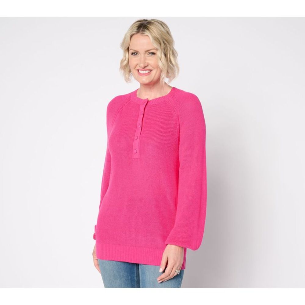 Fashion Women's Top Sweater Sz S Ribbed Henley Blouson Sleeve Pink A663046